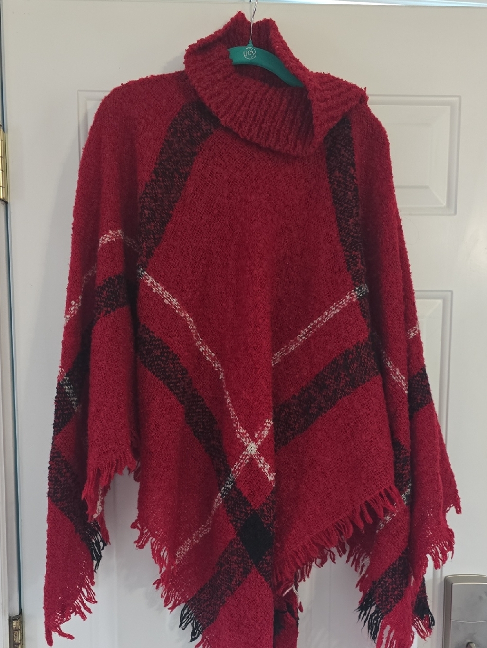 Women’s Red Plaid Turtleneck Poncho Sweater